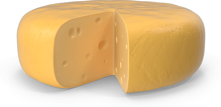 queijo grande amarelo redondo decorativo com uma fatia cortada e fundo transparente